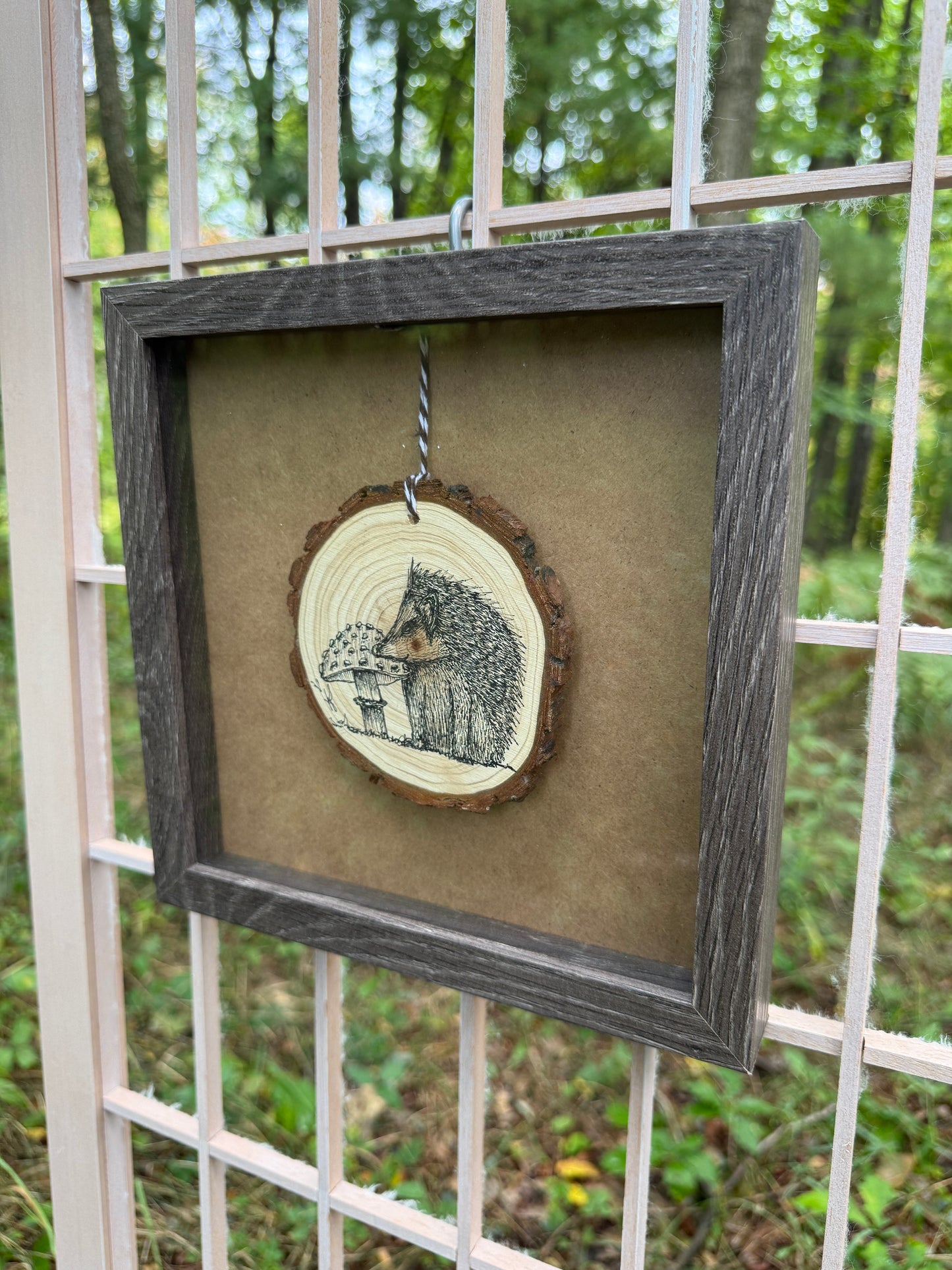 Wooden slice with a cutout design in a dark wooden frame against a blurred green outdoor background.